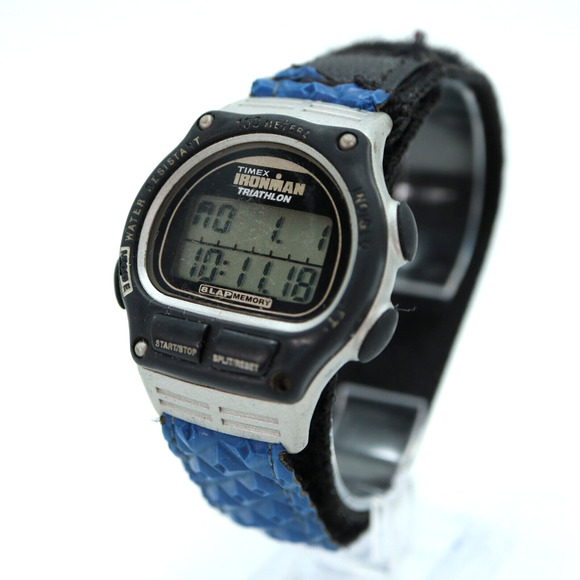 Vintage Timex Ironman Triathlon 38mm Digital Watch Black Blue w New Battery - Picture 1 of 16